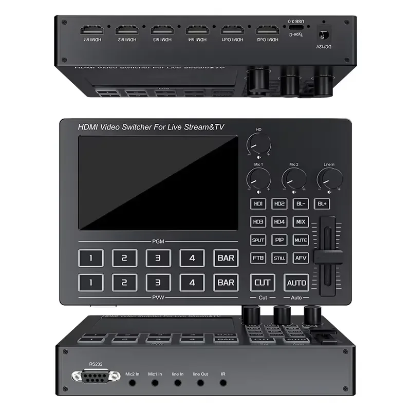 FJGEAR 4-Channel Video Switcher with 5-Inch LCD Screen, Multi-View Live Mixer for Prosumer Streaming & Conference