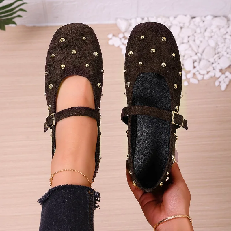 موضة لينة وحيد مشبك واحد حزام حذا فردي للسيدات 2025 جديد خمر حجر الراين جولة تو شقة ماري جين الأحذية