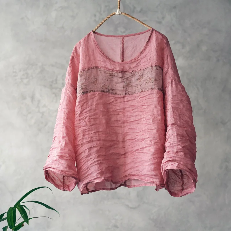 2026 Summer New — 100% Ramie Vintage Color-Block Relaxed Fit Long Sleeve Casual Top