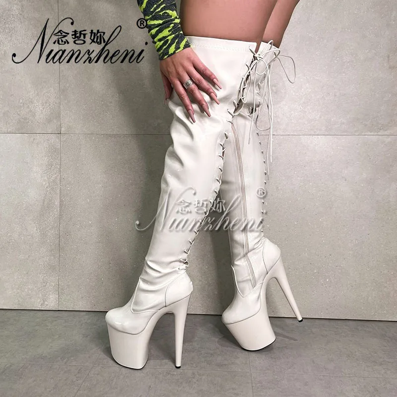 20cm Lace Up Over The Knee Boots 8Inch Platform Sexy Fetish Nightclub Thin Heels Catwalk Strip Pole Dance Big Size Gothic Women