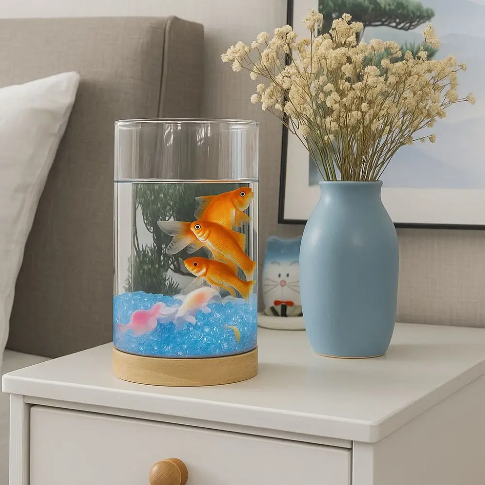 

High Transparency Desktop Fish Tank Round/Square Glass Mini Landscaping Tank with Base with Light Goldfish Tank