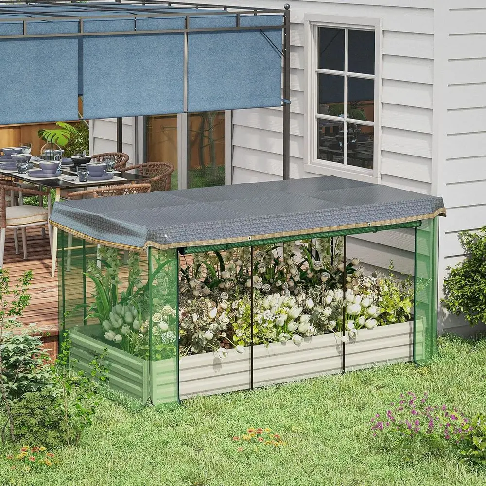 7.3 x 3.4 x 1 Galvanized Raised Garden Bed with Crop Cage Plant Protection Net and Shade Cloth, Metal Planter Box for Vegetables