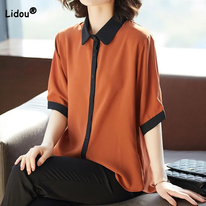 

Women's Clothing Fashion Casual Contrasting Colors Button Tops Summer Female Commute Turn-down Collar Sleeve Irregular T-shirt