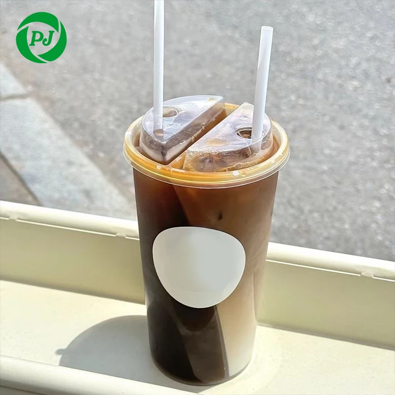 แก้วพลาสติก PP แบบสองช่อง 750 มล. แบบกำหนดเองได้ พร้อมฝาปิด สำหรับใส่กาแฟไข่มุก ชานมไข่มุก
