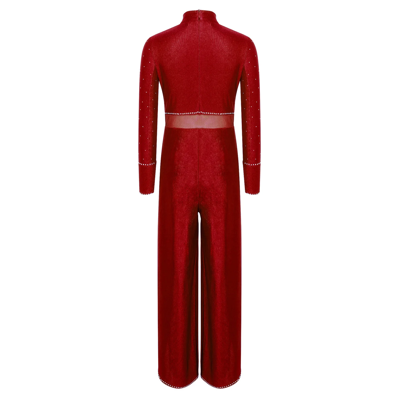 Kids Girls Mesh Patchwork Jumpsuit Lyrical Dance Costume Sequins Mock Neck Long Sleeve Split Wide Leg Bodysuit Teens Dancewear