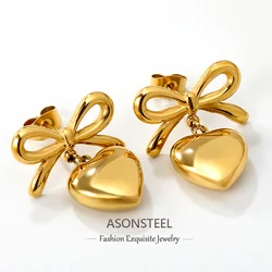 ASONSTEEL High Quality Stainless Steel Bow Tie Heart Love Drop Earrings Stylish Golden Earrings Romantic Jewelry Waterproof