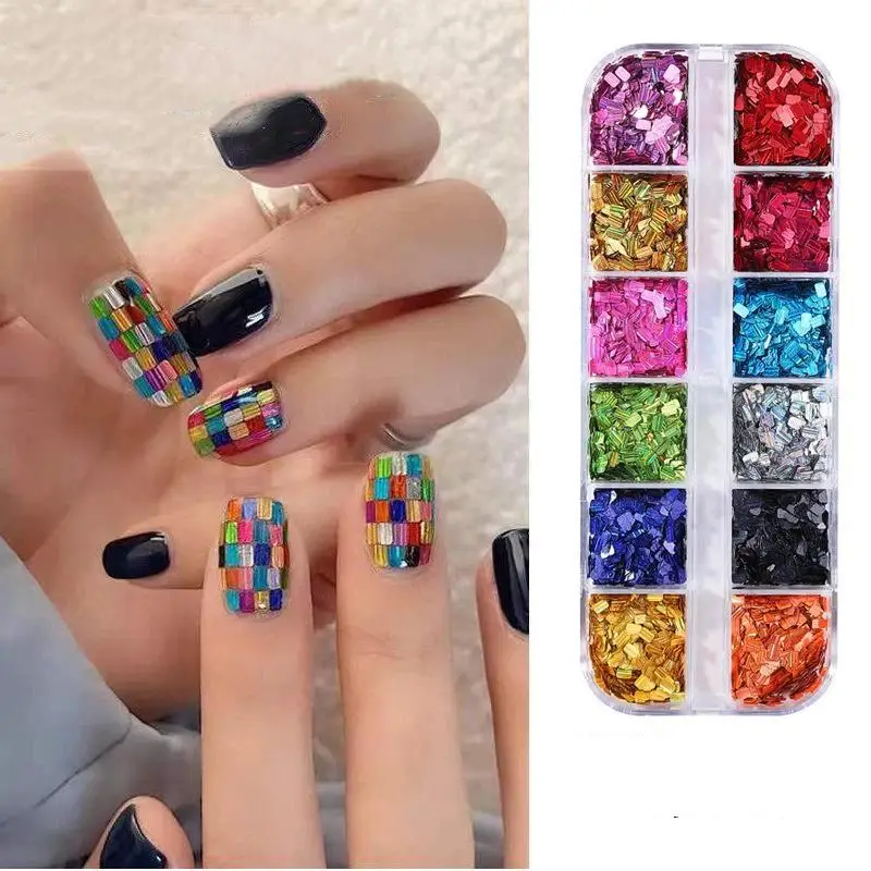 6/12 Grids Diamond And Rectangular Sequin Nail Art Accessories Retro Patchwork Sequin DIY Nail Decor Supplies