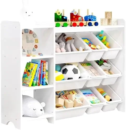 4-Tier Kids' Toy Storage Organizer Shelf - 100% Solid Wood,Children's Storage Cabinet with 9 Plastic Bins and 3 Storage Ports(Wh