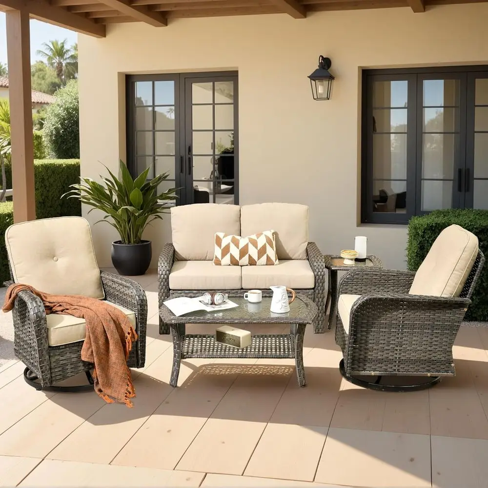 5-Piece Wicker Patio Furniture Set: High Back Swivel Rockers, Loveseat, Sofa, and Rattan Coffee Table for Outdoor, Porch, Deck,