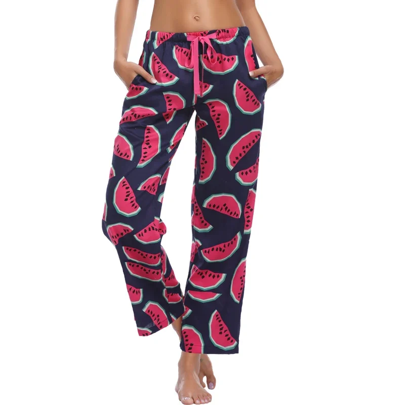 

Cotton Satin Pajama Pants Women Spring Autumn Printed Long Sleep Bottom Elastic Waist Lounge Pants Femme Home Pants