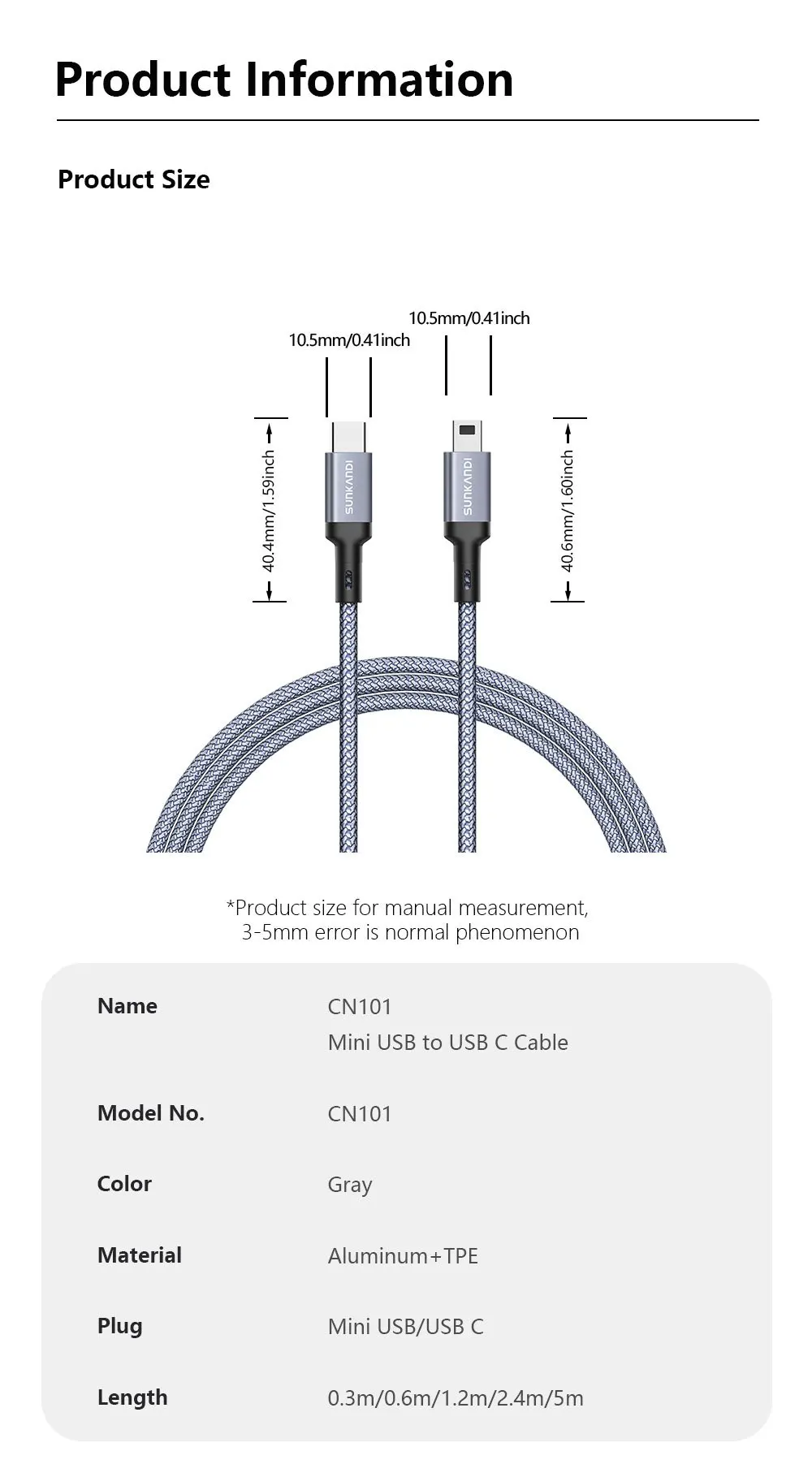 SUNKANDI Mini USB to USB C Cable, Mini USB to Type C for Digital Camera MP3 Player GPS Receiver and More Mini B Devices