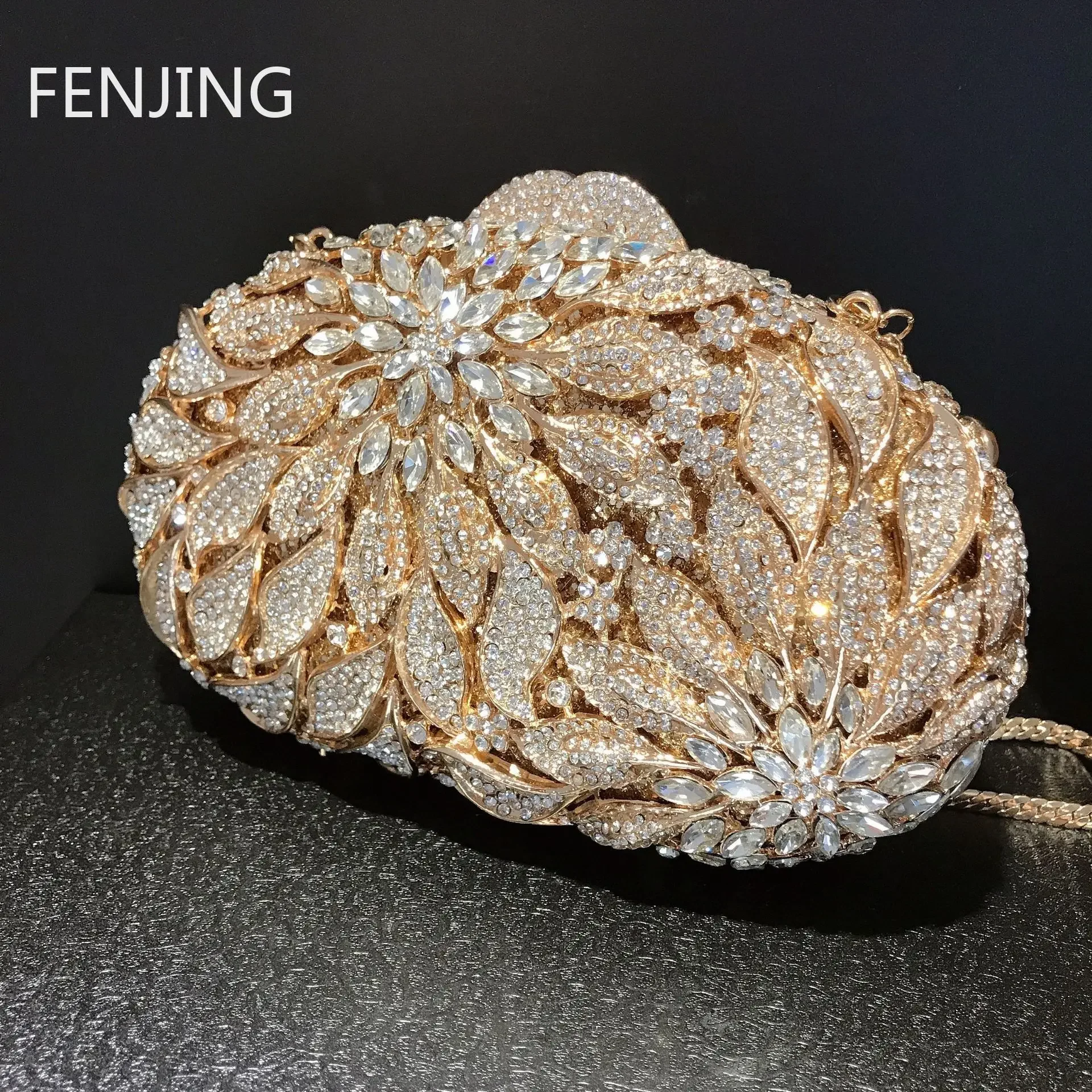 Gold Metal Leaves White Crystals Evening Clutch Bags Luxury Women Wedding Party Purse Ball Handbags Rhinestone Mini Shell Bag