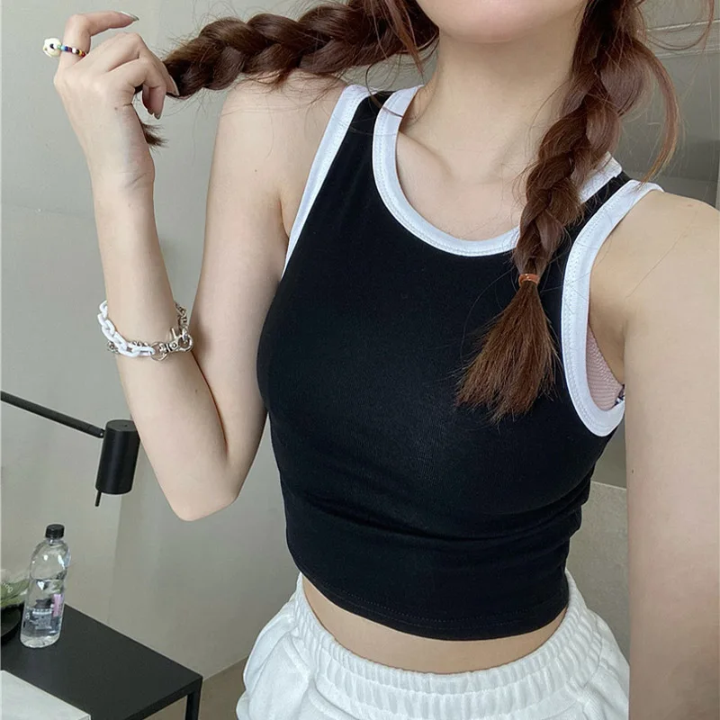 Women's Tank Top Girl T Shaped Vest with Padded Female Summer Korean 2024 New Style Slim Short Bottoming Sling Crop Top Women