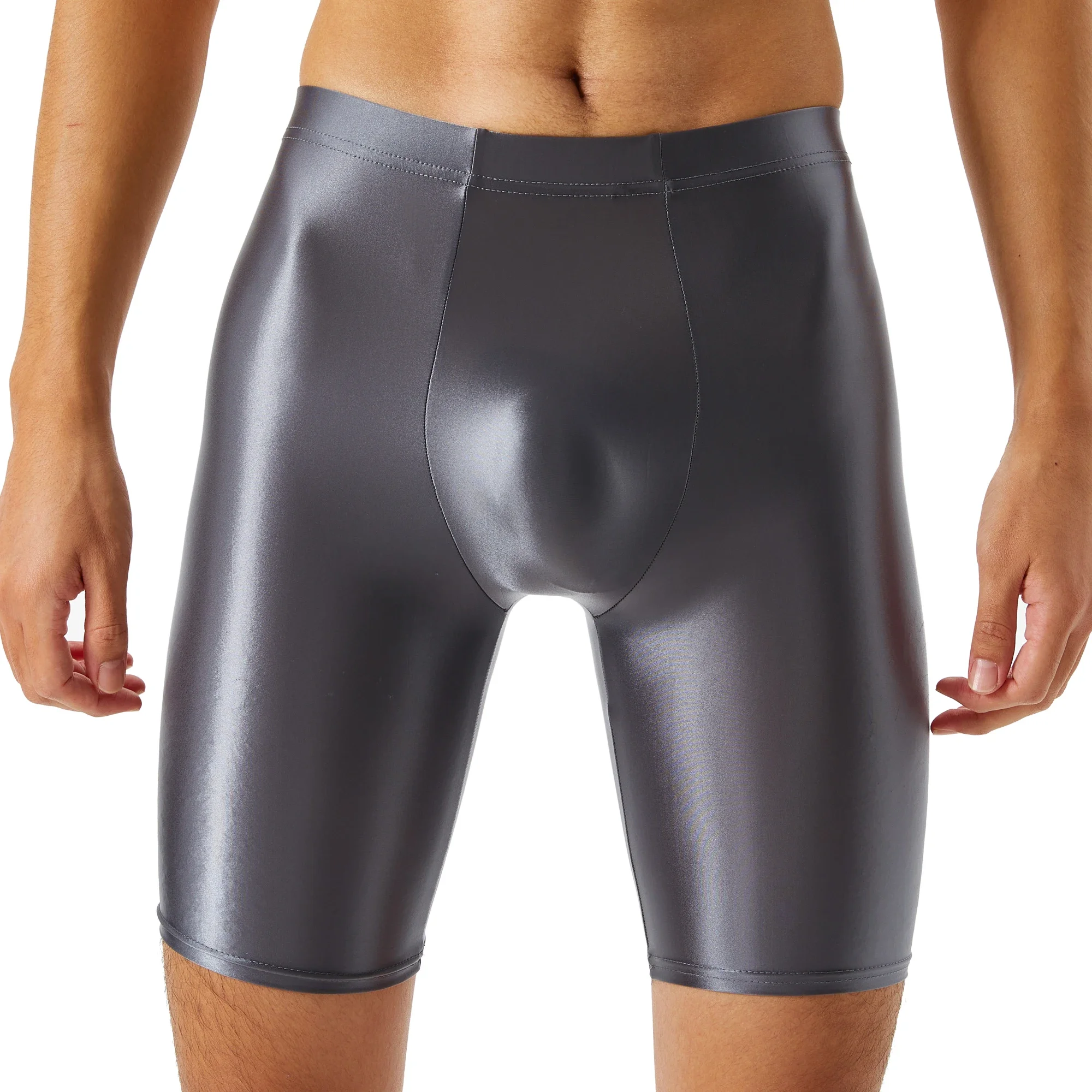 Men Shiny Ice Silk Shorts Glossy Silky Boxers Short Long Leg Underpants U Pouch Sheath Gym Fitness Boxer High Elastic Underwear