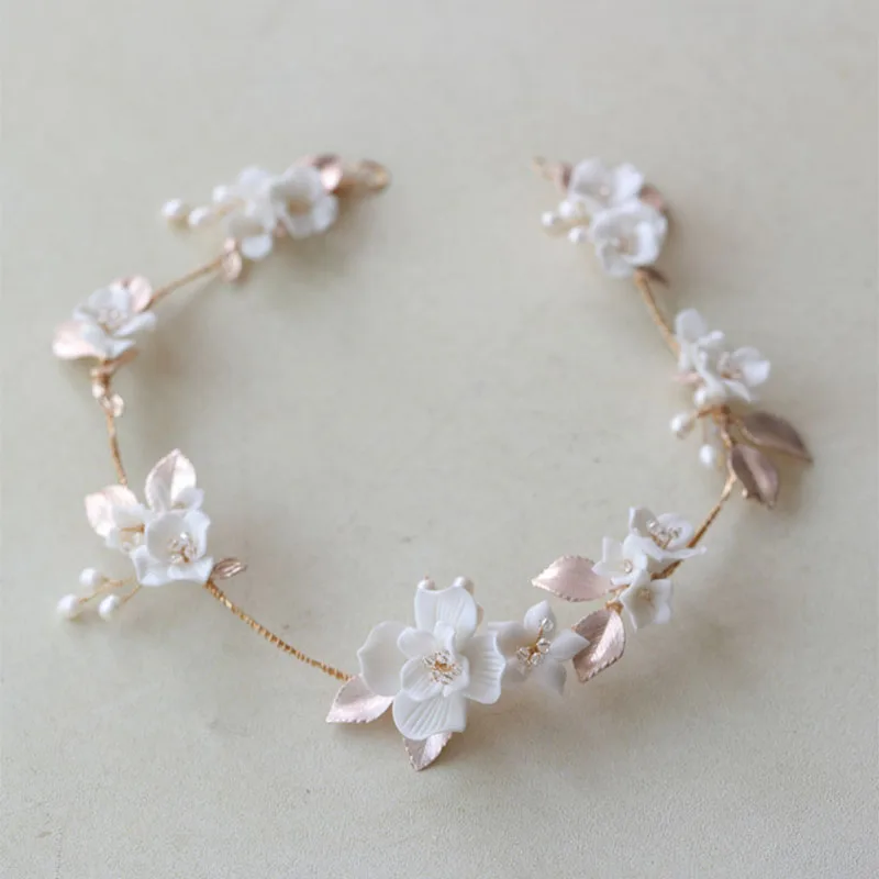 

SLBRIDAL Handmade Rhinestones Ceramic Flower Freshwater Pearls Bridal Headband Hair Vine Wedding Hair Accessories Women Jewelry