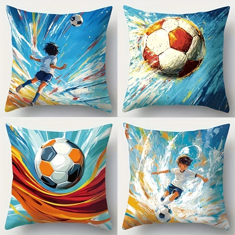 Vibrant Soccer Action Throw Pillow Covers Set - Dynamic Football Game Scene for Sports Fan Decor
