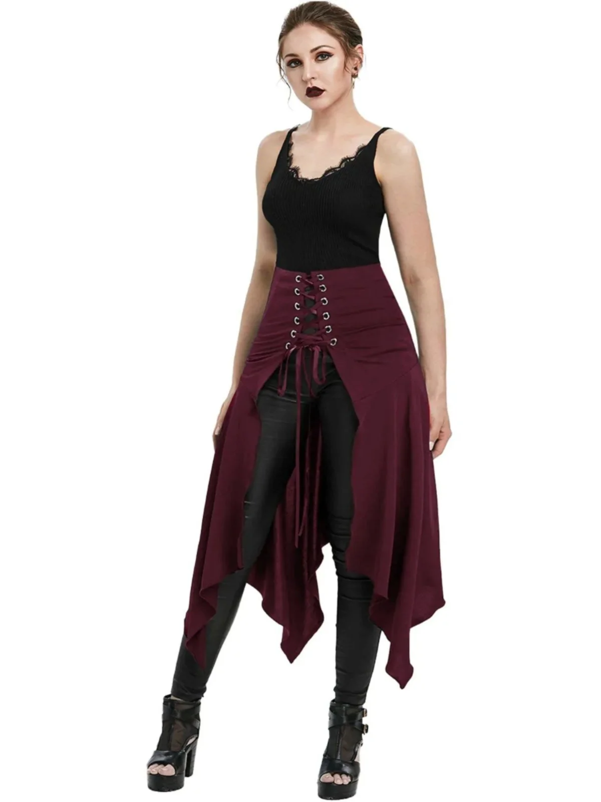Women's Pure Color Spliced Strap Skirt High Waist Street Style Midi Skirt with Belt Regular Thickness Spring Summer Fashion
