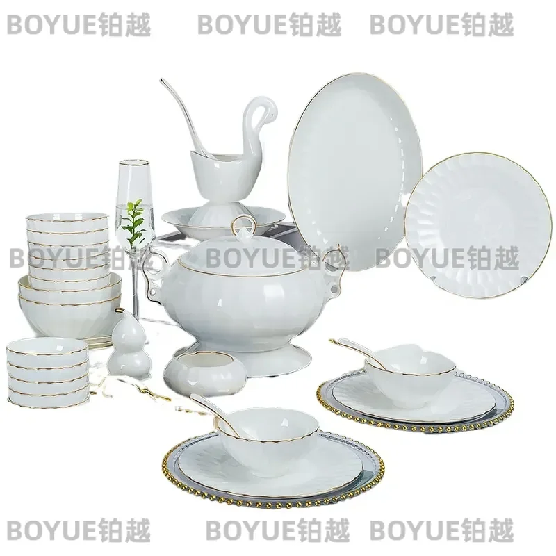 Jingdezhen Bone China Dinnerware Set European Style Ceramic Plates Bowls Chopsticks Household Gift Tableware Collection