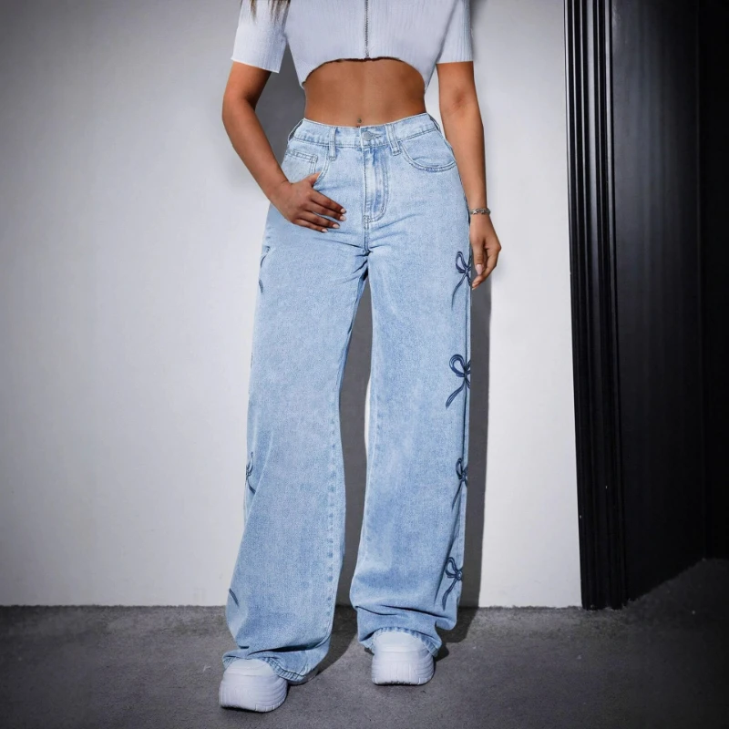 New Collection of European American Retro Style Casual Versatile Printed High-waisted Butterfly-shaped Loose Jeans 2026 Autumn