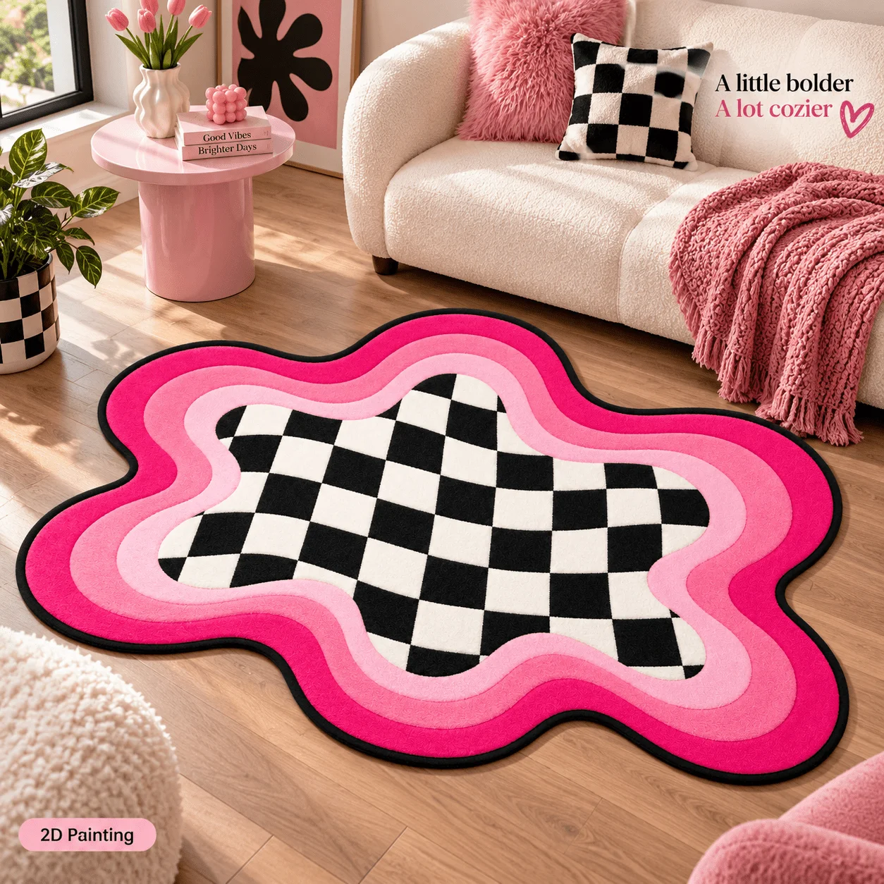 Playful Wavy Cloud Shaped Rug Pink Gradient Checkerboard Non Slip Washable Floor Mat for Living Room  Preppy Style Home Ornament