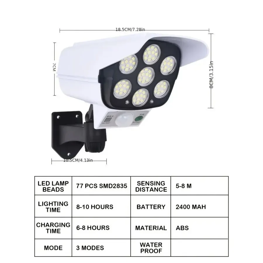 Imagem -06 - Outdoor Motion Sensor Solar Lights 77 Led Floodlight Impermeável sem Fio Manequim Decoy Fake Segurança Câmera para Varanda Jardim Pátio