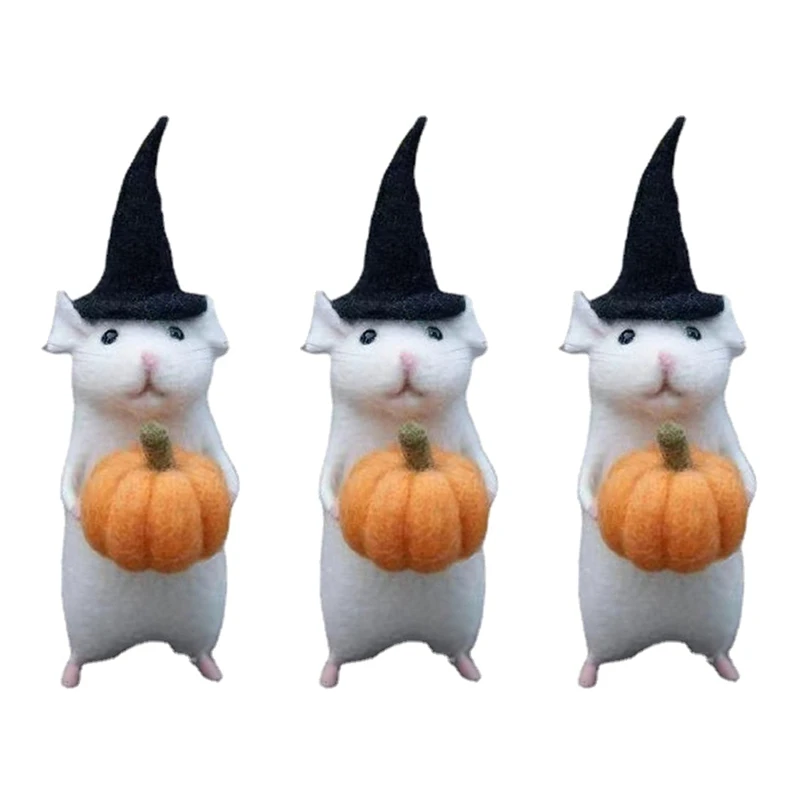 AS60-3X Halloween Mouse With A Pumpkin Felted Animals, Needle Felted Christmas Mouse, Wool Felt Handmade Halloween D