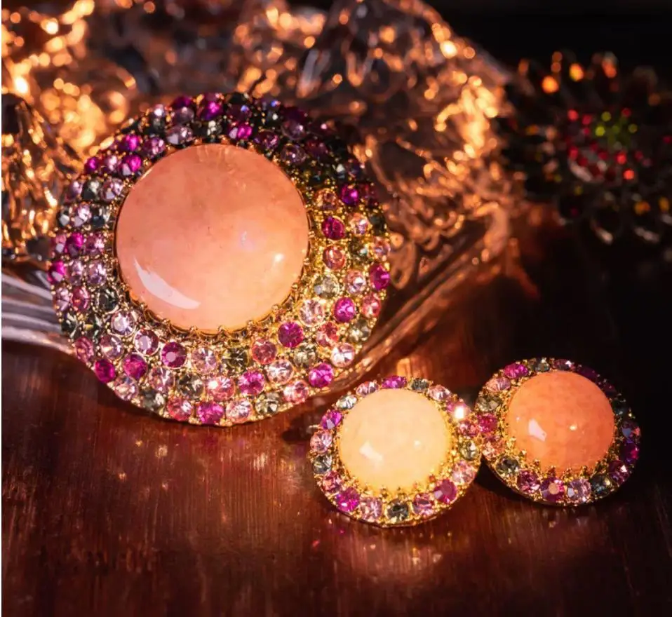 retro jewelry beautiful pink stone diamond brooch stud earrings 925 silver needle  ear stud