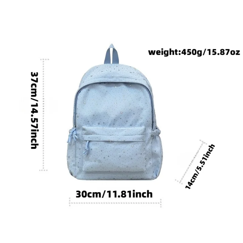 entle Light Blue Star Backpack! Shiny Silver Star Print Lightweight Large Student School Bag