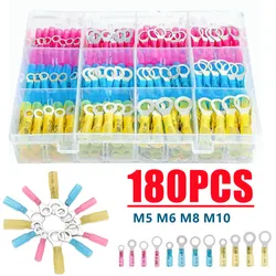 180PCS M5 M6 M8 M10 Ring Lug Heat Shrink Insulated Waterproof  Electrical Wiring Crimp Terminals  22-10AWG