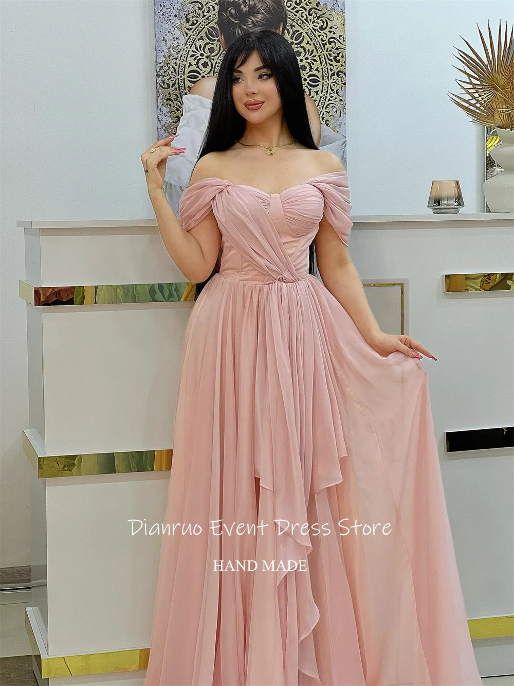 Dianruo Feminine Off The Shoulder Evening Dress Chiffon Pleat Vestido De Fiesta A Line Bespoke Occasion Evening Gown Customized