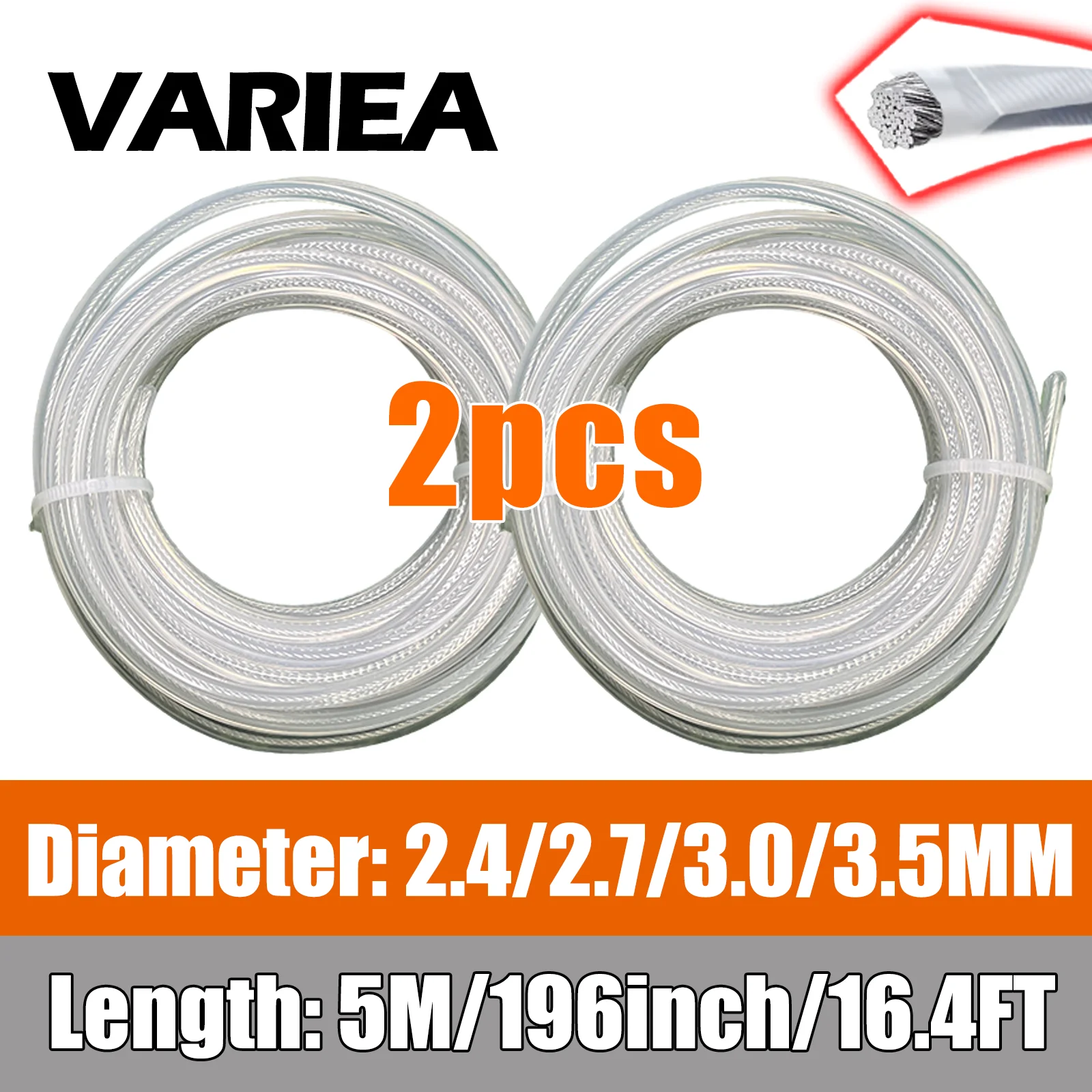 VARIEA-2pcs-2.4/2.7/3.0/3.5mm * 196.85 inches, square-shaped steel wire nylon trimming line, sharper and more durable