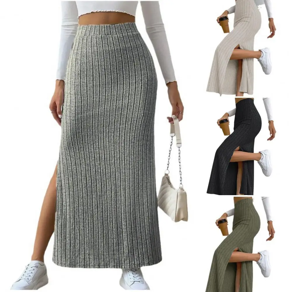 Saia maxi elegante de cintura alta para mulheres, fenda lateral, tricô com nervuras, monocromática, ajuste fino, comprimento longo