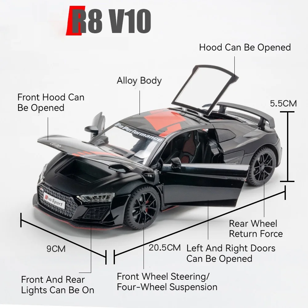 Maßstab 1:24 R8 V10 A8 Legierung Spielzeug Modell Sportwagen Hohe Simulation Zurückziehen Sound und Licht Fahrzeuge Spielzeug für Kinder Geschenke