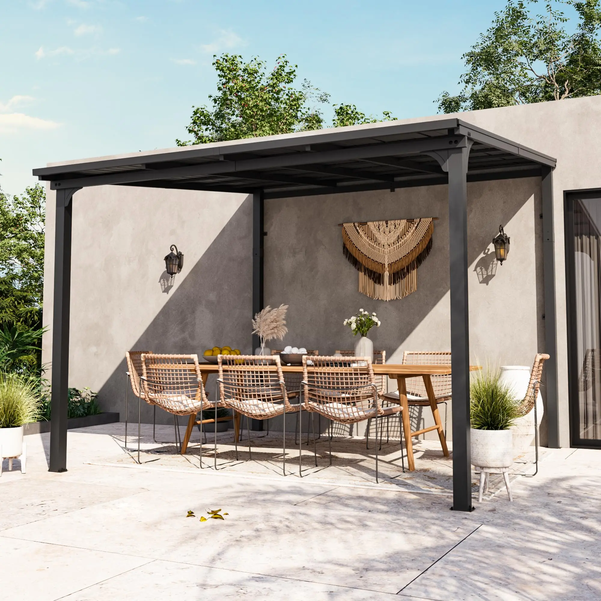 Stonek 10'x10' Lean to Gazebo, Wall Mounted Gazebo with Galvanized Steel Sloped Roof & Drainage Gutter, Heavy Duty