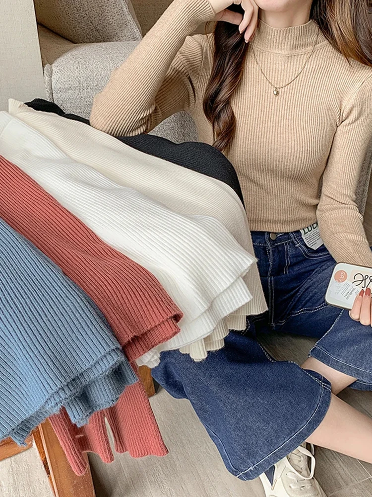 Mock Neck Women Sweater Vintage Basic Solid Knitted Tops Casual Slim Pullover Autumn Winter Korean Tops Simple Chic Jumpers