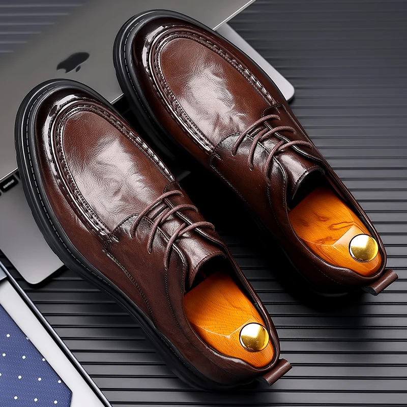 Men Casual Leather Shoes Fashion Classic Brogues Luxury Genuine  Leather Handmade Thick Heels Black Male Wedding Formal Shoes