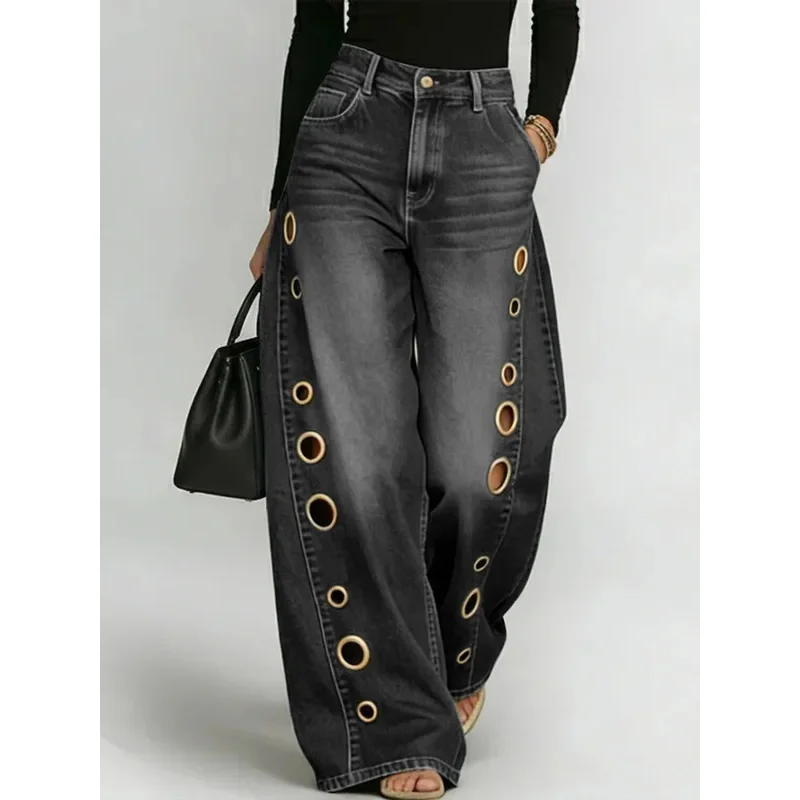 Missuoo Women's 2026 New Washed Blue High-Waist Metal Grommet Wide Leg Jeans, Casual Loose Fit Streetwear Pants for Daily Wear