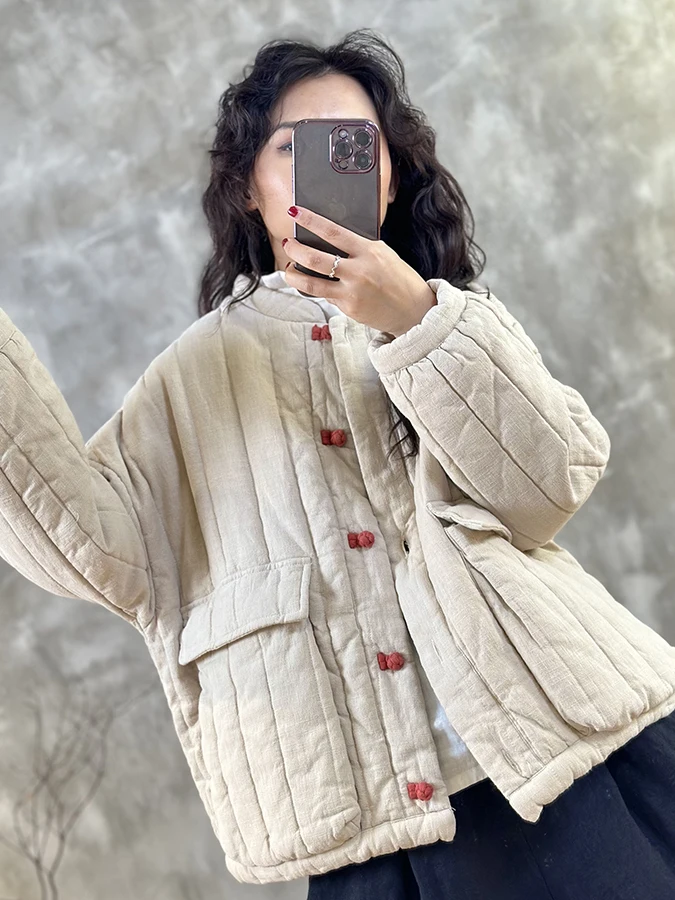 Fashionable Loose Cotton Jacket for Women with Button Contrast Color Patch Cut Label Age Reducing Winter Outerwear