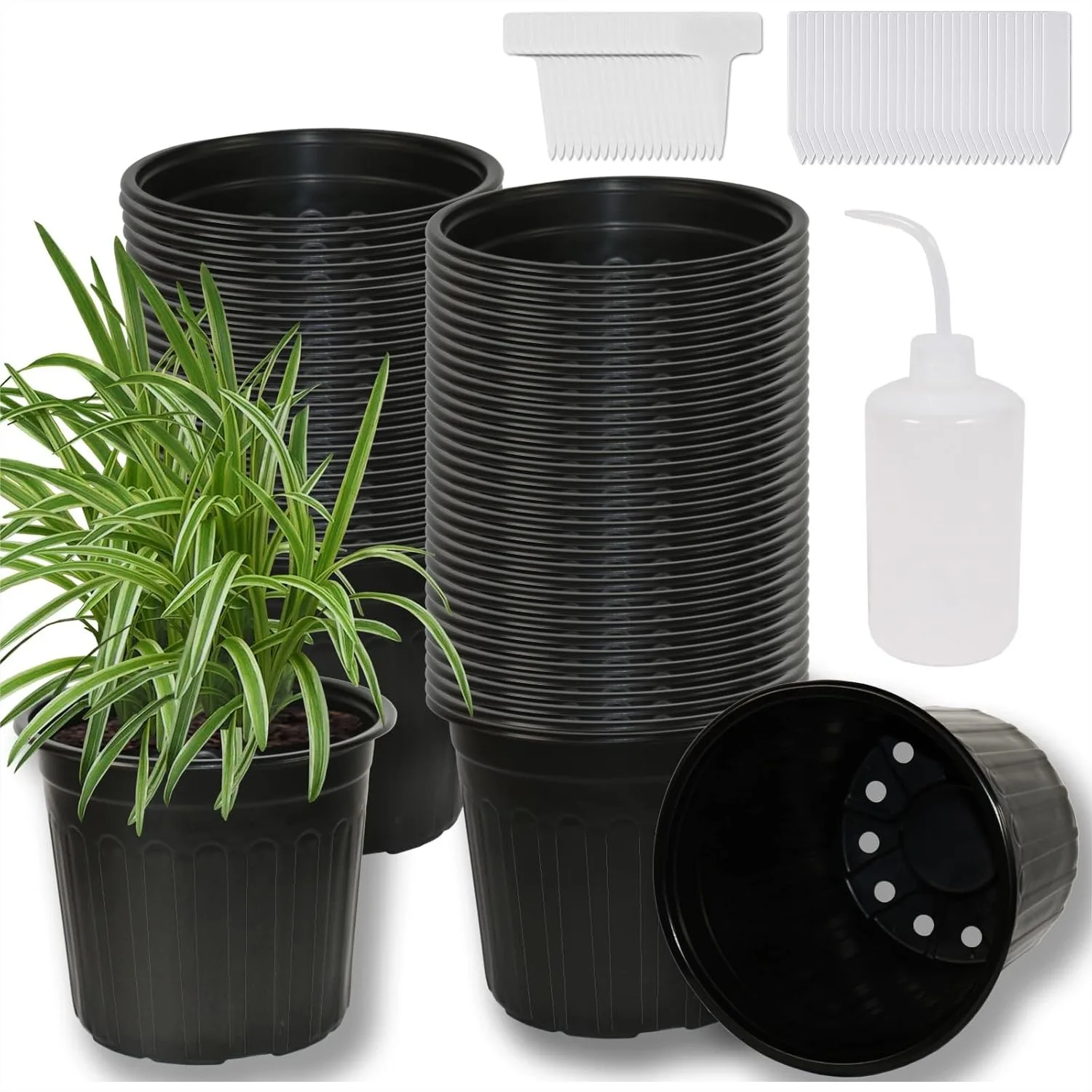 

2 Gallon Flexible Plastic Plant Pots 60 Pack with 50 Plant Labels, Thickened Soft Nursery Pots for Indoor Outdoor Plants