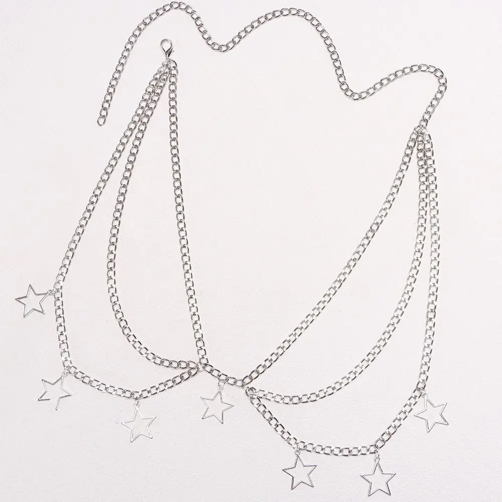 Hollow Out Five-Pointed Star Waist Chain Y2K Silver Metal Waist Chain Gold Color All-match Bohemian Body Chain Jeans Decoration