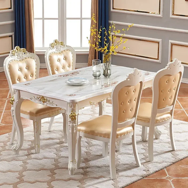 European-Style Dining Tables and Chairs Set Modern Simple Solid Wood Marble Dining-Table Small Apartment Rectangular Simple