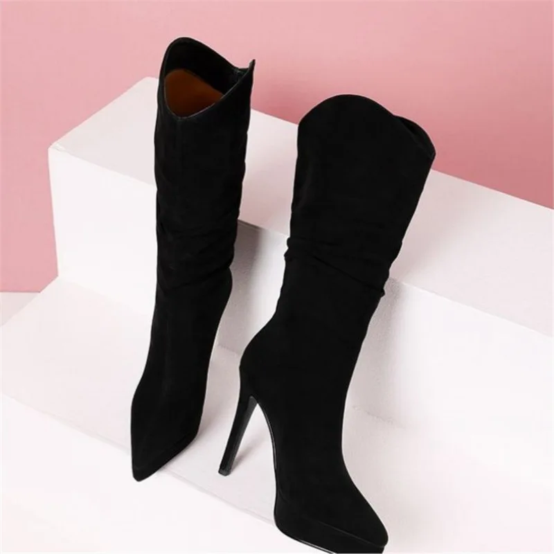 

Замшевые ботинки на платформе 2026, женские зимние модные ботинки на высоком каблуке до середины икры из искусственной замши