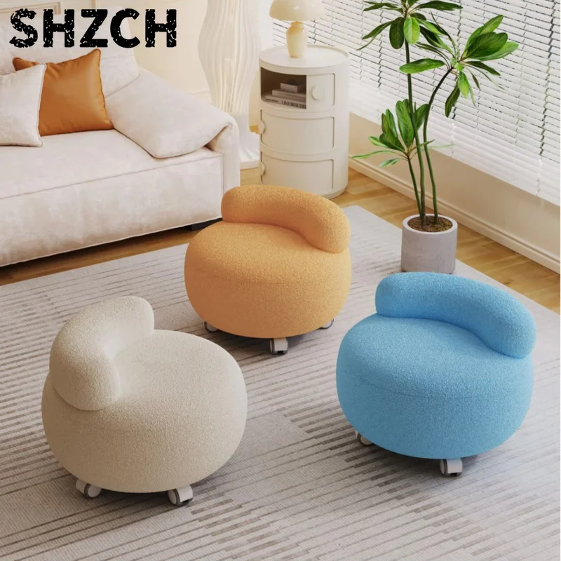 Cream Style Lamb Wool Stool, Luxury Living Room Ottoman, Soft Children’s Stool, Elegant Dressing Room Shoe Bench
