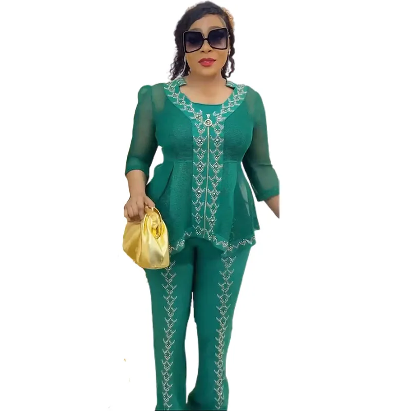 

African Clothes for Women 3 Pieces Set Women Tracksuit Summer Clothes Casual Party Diamonds Tops and Long Pants Suits Outfits