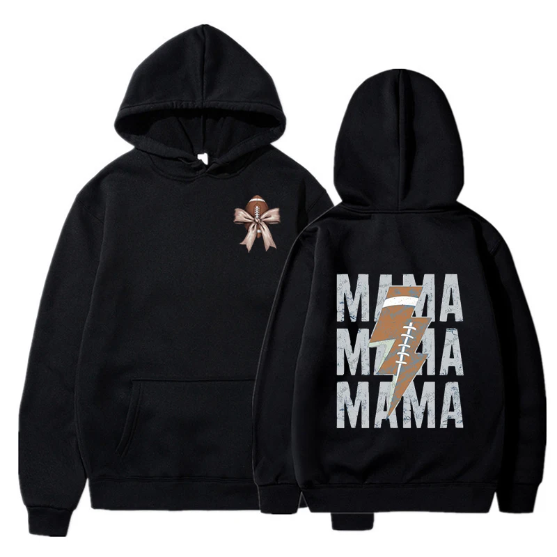 Football Mama Lightning Sweatshirt Hoodie Retro Bow Football Essential Streetwear Hoodie Women Game Day Football Sport Hoodies