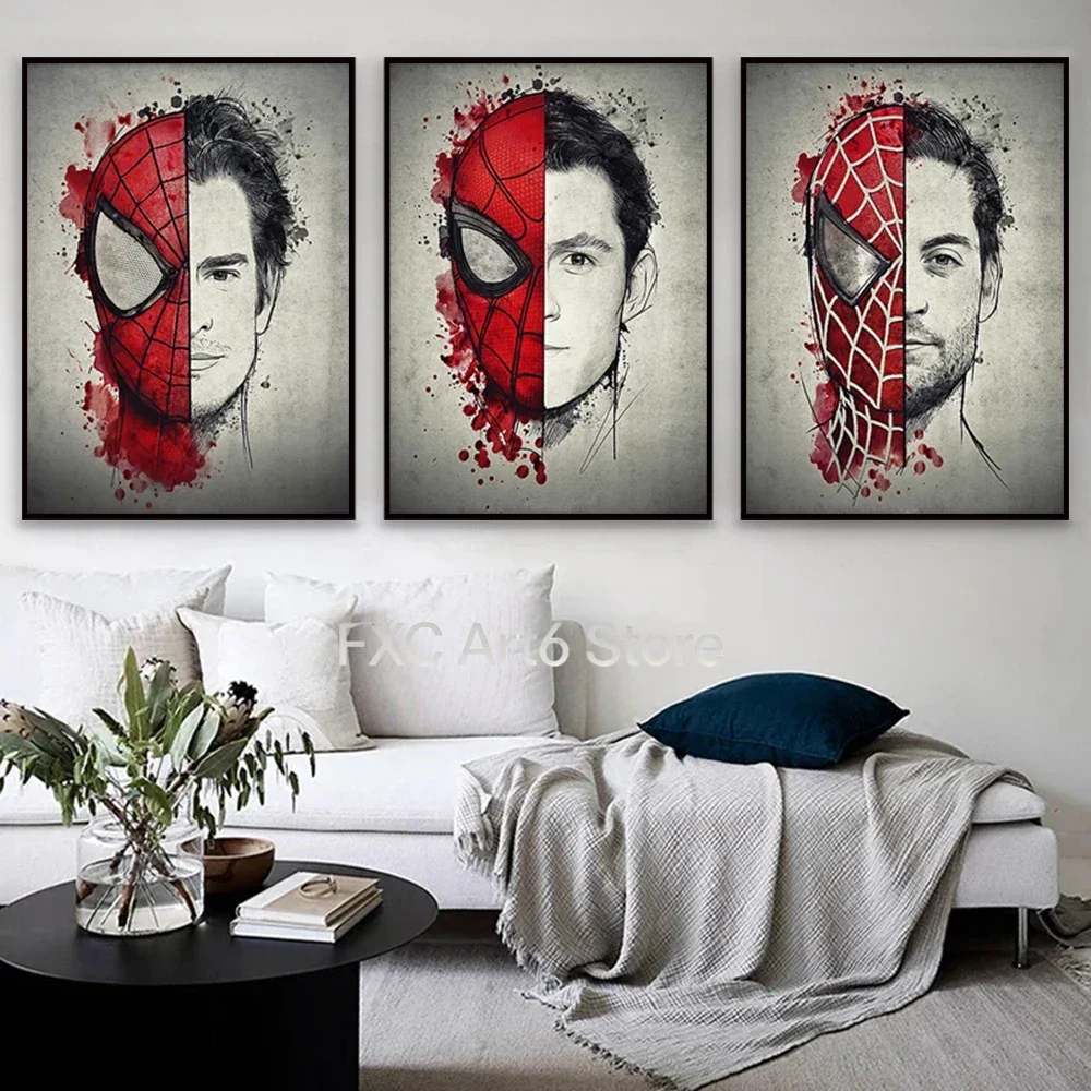 1PC  frameless Movie Marvel Posters SpiderMan Wall Art Hand-Painted Vintage Style Three Actors Home Decor Canvas Paintings Mural