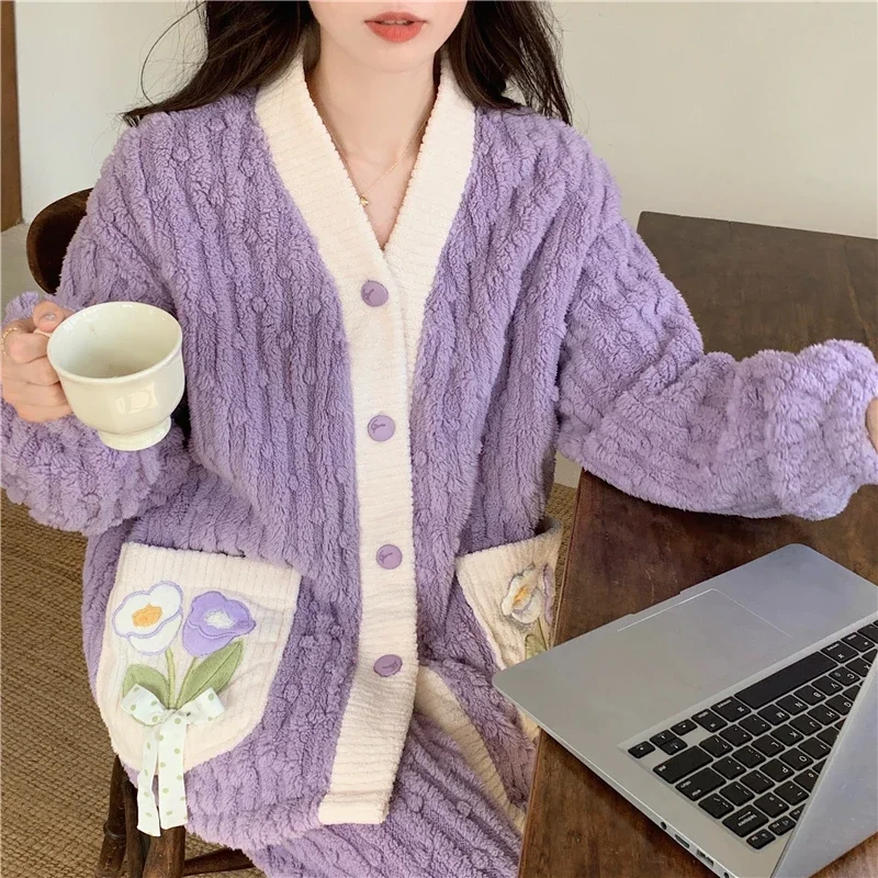 V-neck Coral Fleece Pajama Sets Women Flower Design Sweet Warm Sleepwear Home Casual Girls Plus Velvet Thicker Aesthetic Winter