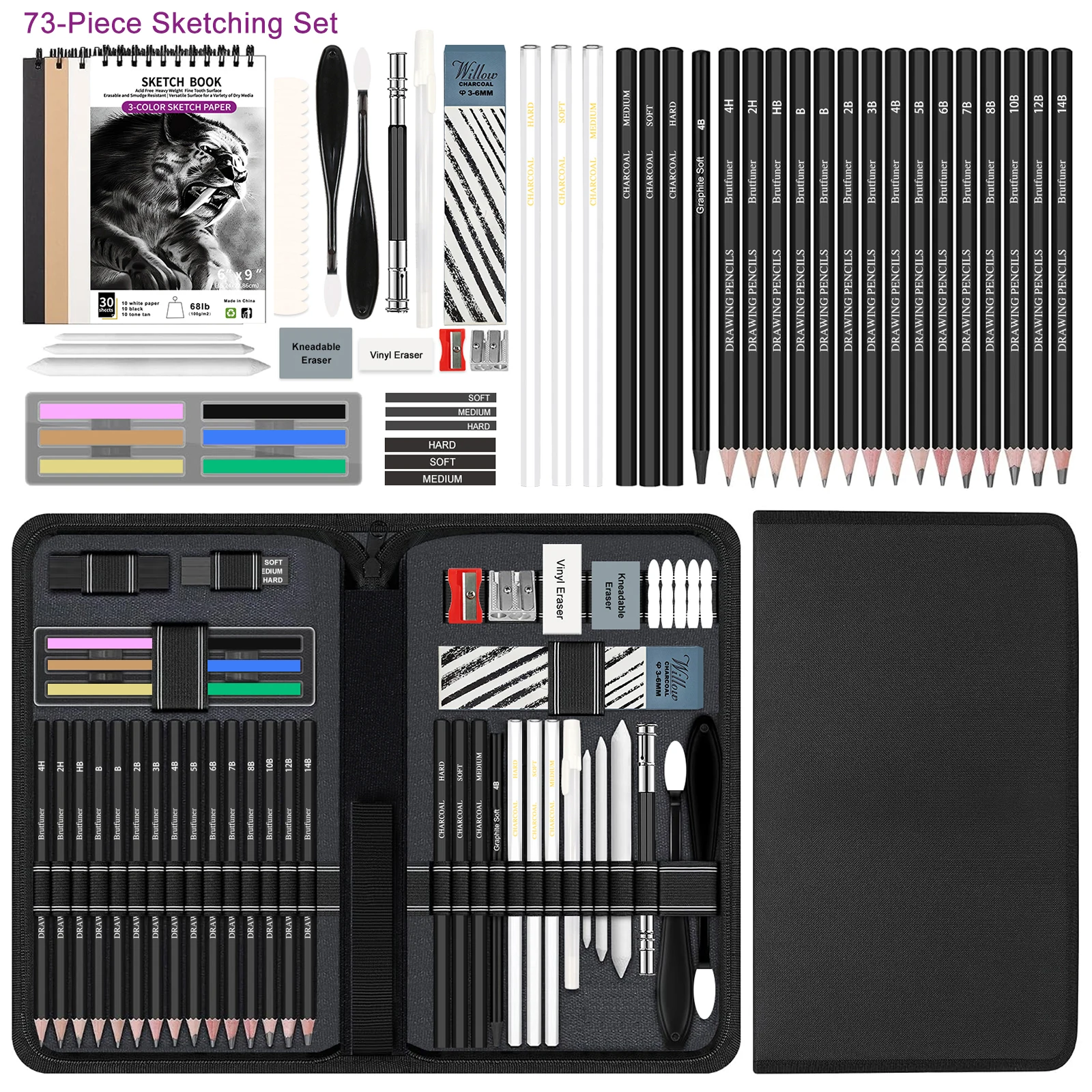 14-115Pcs Sketch Pencil Set Graphite Charcoal Pencils Eraser Blending Tools Artist Drawing Kit Art Supplies