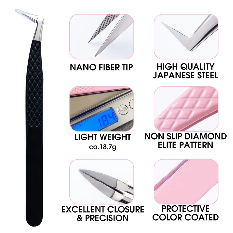 Pinzette per ciglia con punta in fibra di fascia alta Pinzette per estensione ciglia finte in acciaio inossidabile Pinzette ad alta precisione antiscivolo in fibra precisa