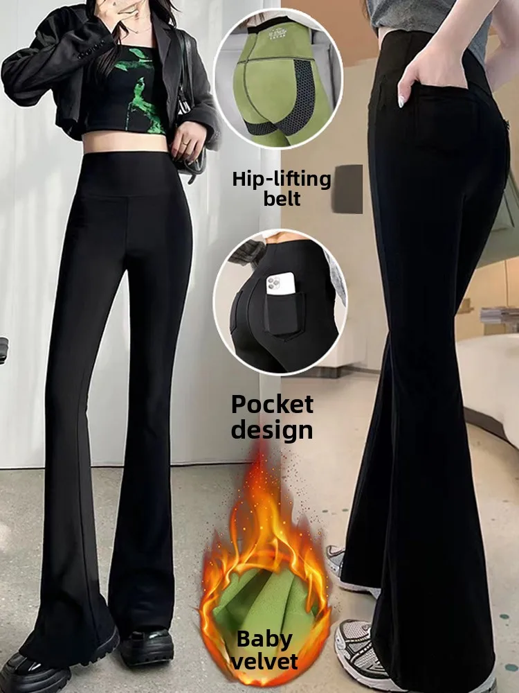 Women's Fleece Lined Yoga Pants High Waist Slimming Warm Sharkskin Print Sports Trousers Casual Outerwear Autumn Winter